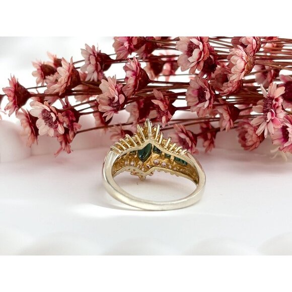 Green Emerald & CZ Wavy Vintage Sterling Silver Gold T Vermeil Ring - sz 10.25 - Picture 5 of 10